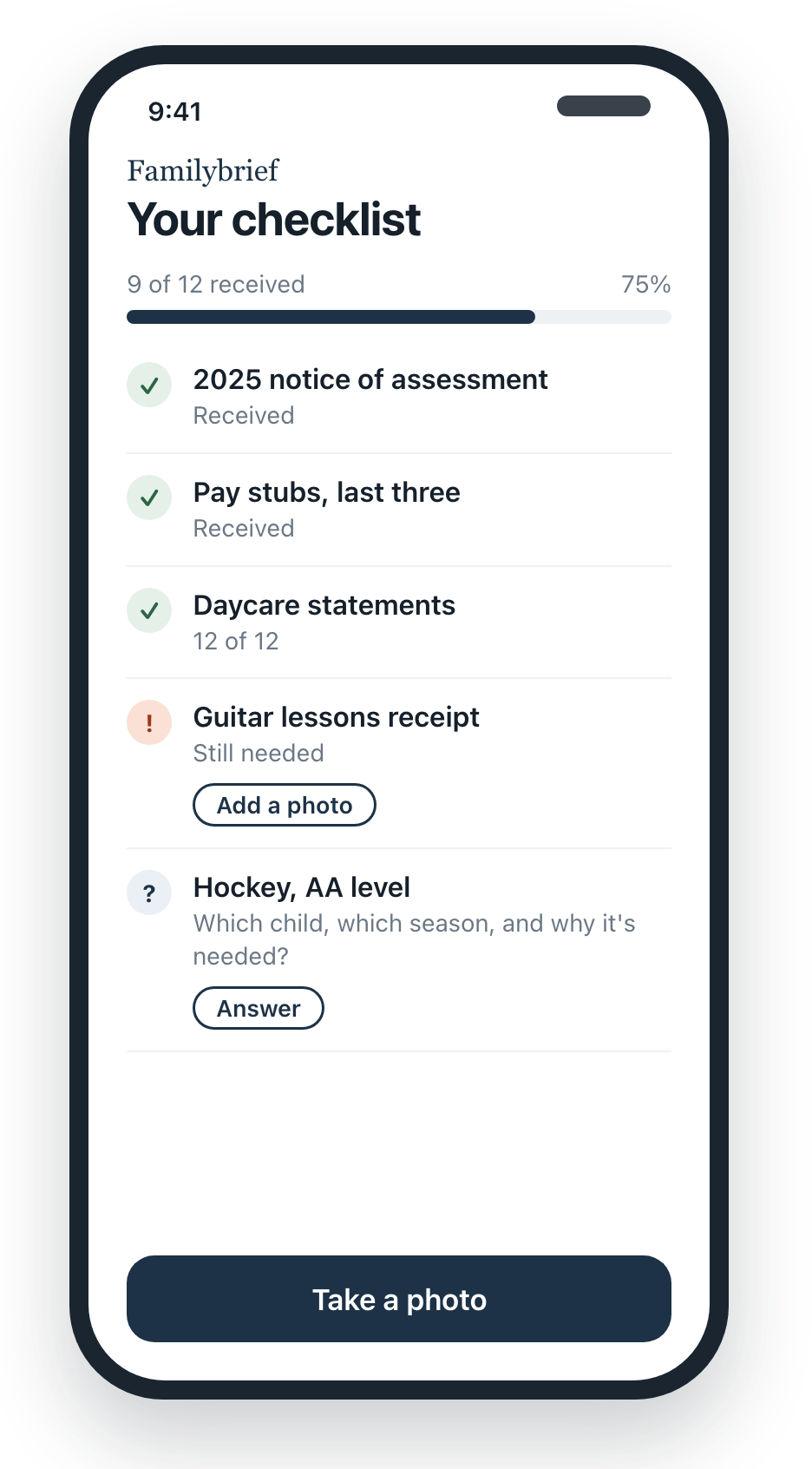 Your client's phone checklist: documents received, a receipt still needed, and a button to take a photo.